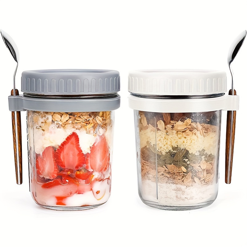 Food Storage Glass Set - 1개/2개 유리 오트밀 컵, 뚜껑과 스푼이