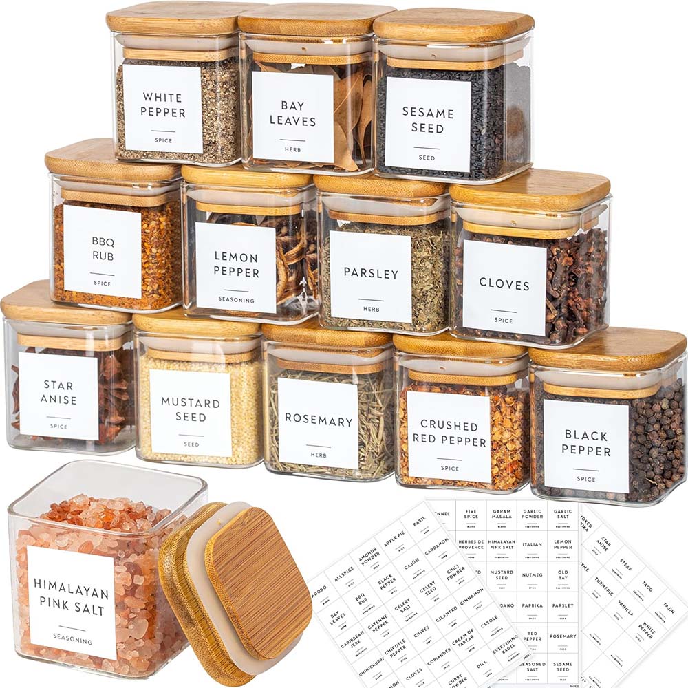 Food Storage Containers Set - 향신료 라벨이 있는 유리 항아리 세트,