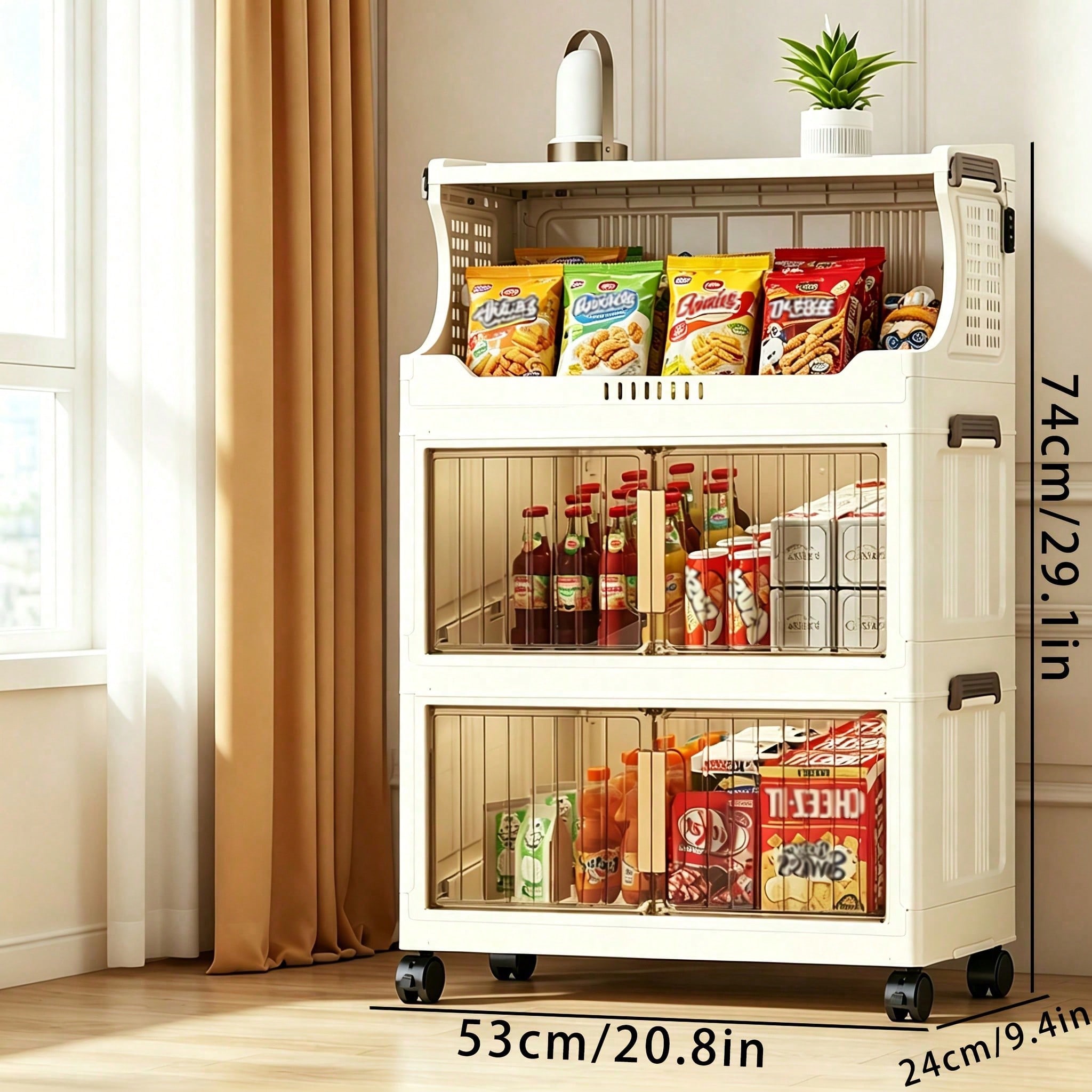 Stackable Pantry Bin - 20.8인치 폭의 접이식 수납함, 바퀴가 달린