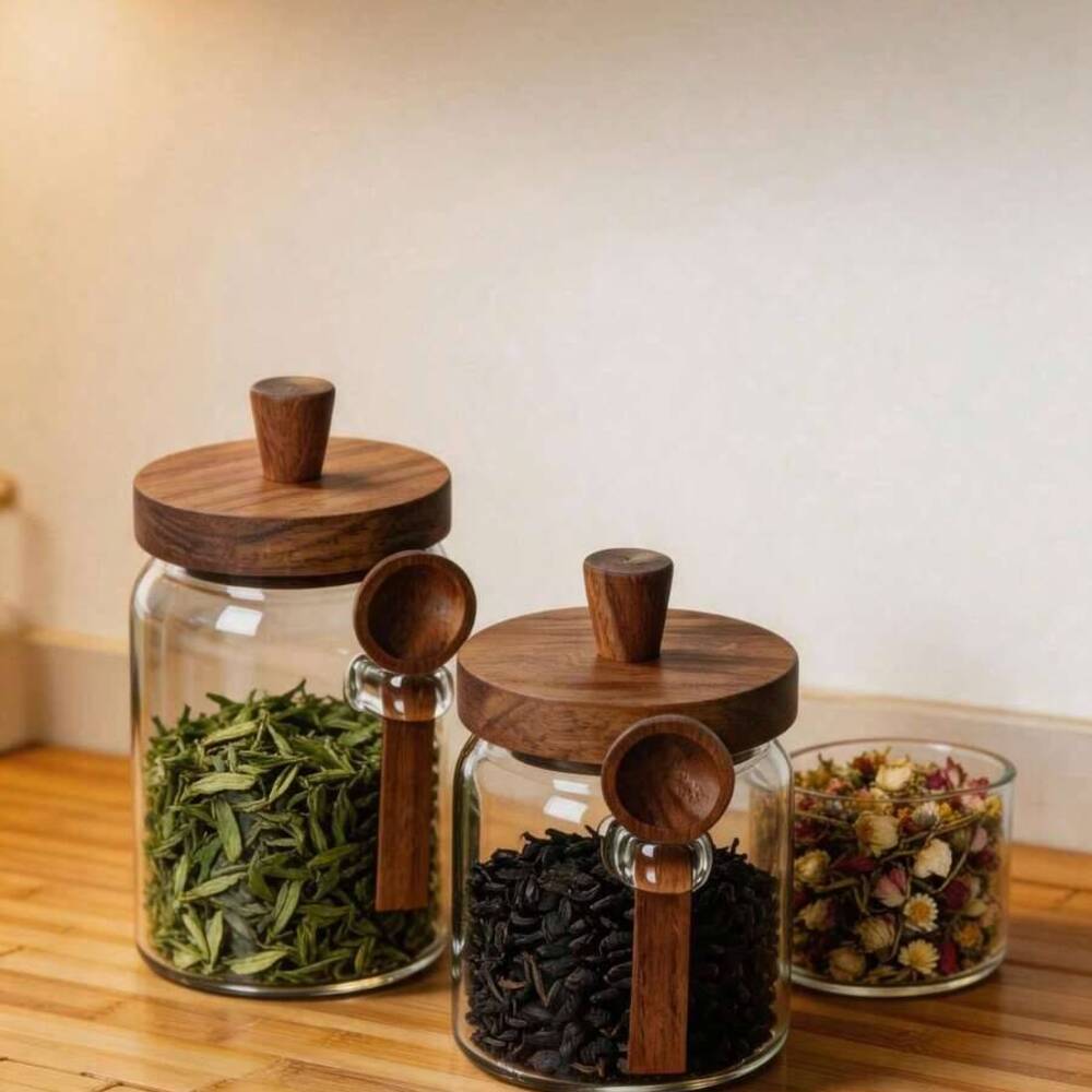 Food Storage Glass Set - 3개 세트 투명 유리병 나무 뚜껑