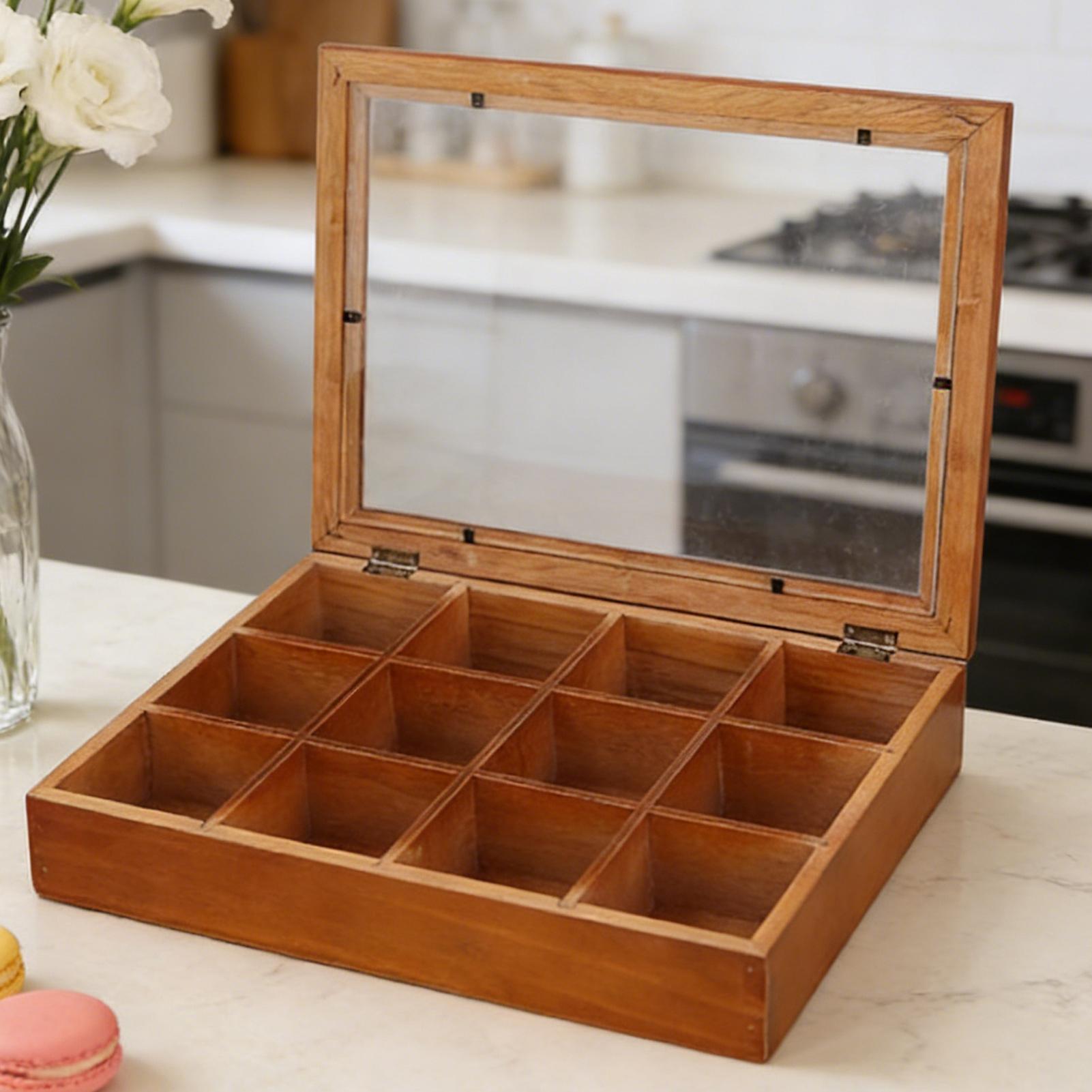 Stackable Pantry Bin - 티백 보관함 12칸 나무 상자 투명