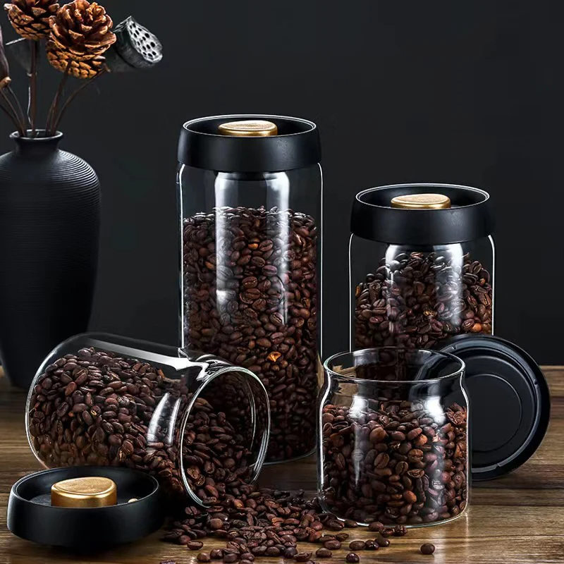 Food Storage Glass Set - 커피콩 진공 밀봉 용기, 투명 유리