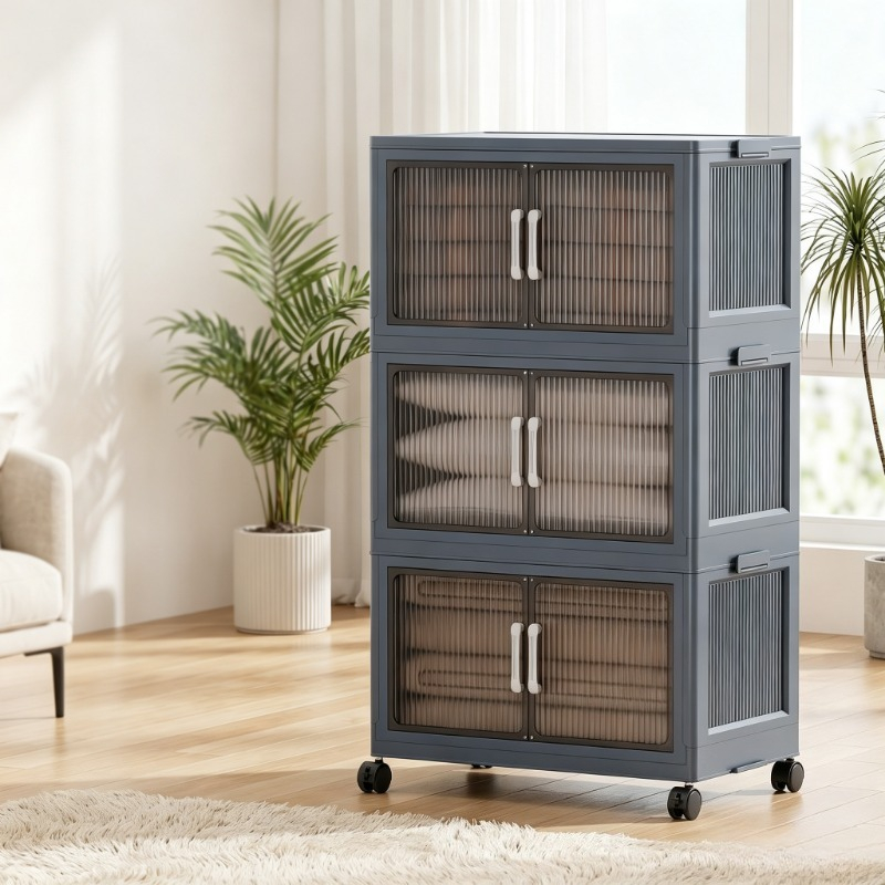 Stackable Pantry Bin - 바퀴가 달린 3단 접이식 플라스틱 수납