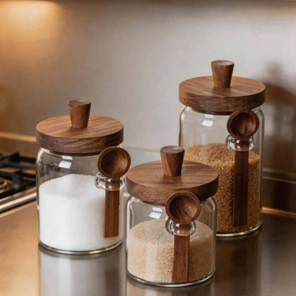 3개 세트 투명 유리병 나무 뚜껑 및 어울리는 스푼 포 - Food Storage Glass Set 리뷰 및 가격