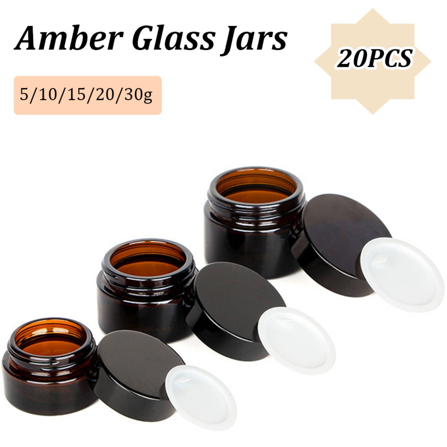 20PCS 검은 뚜껑이있는 작은 앰버 유리 항아리 크림 - Food Storage Glass Set 리뷰 및 가격